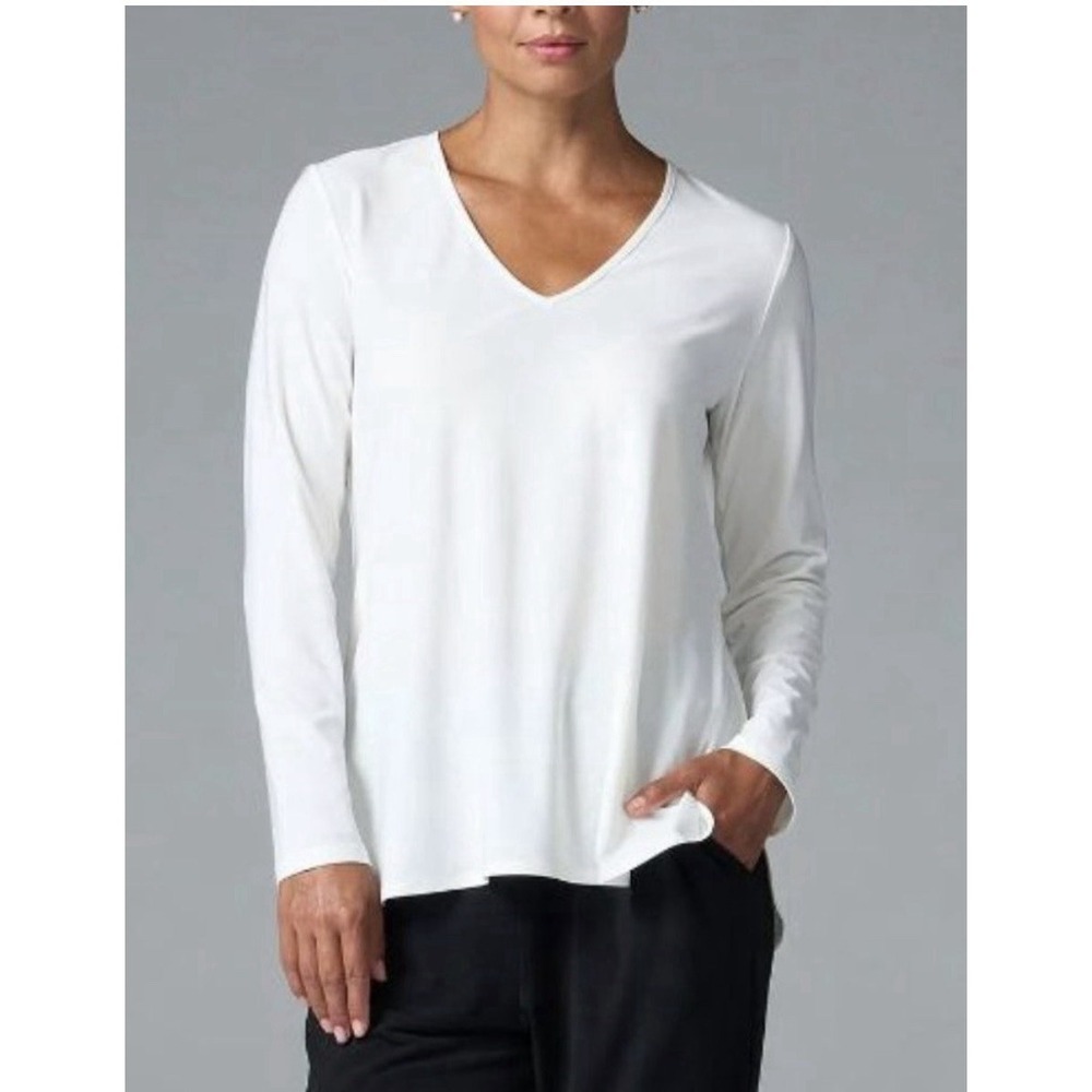 Franne Golde LA Essential Top Womens V-Neck White Tunic‎ Long Sleeve Small $180